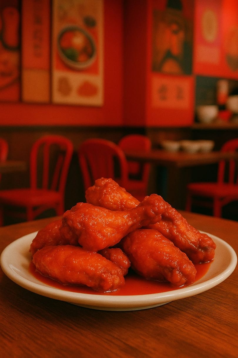 A plate of saucy red chicken wings on a wooden table in a restaurant with red walls.