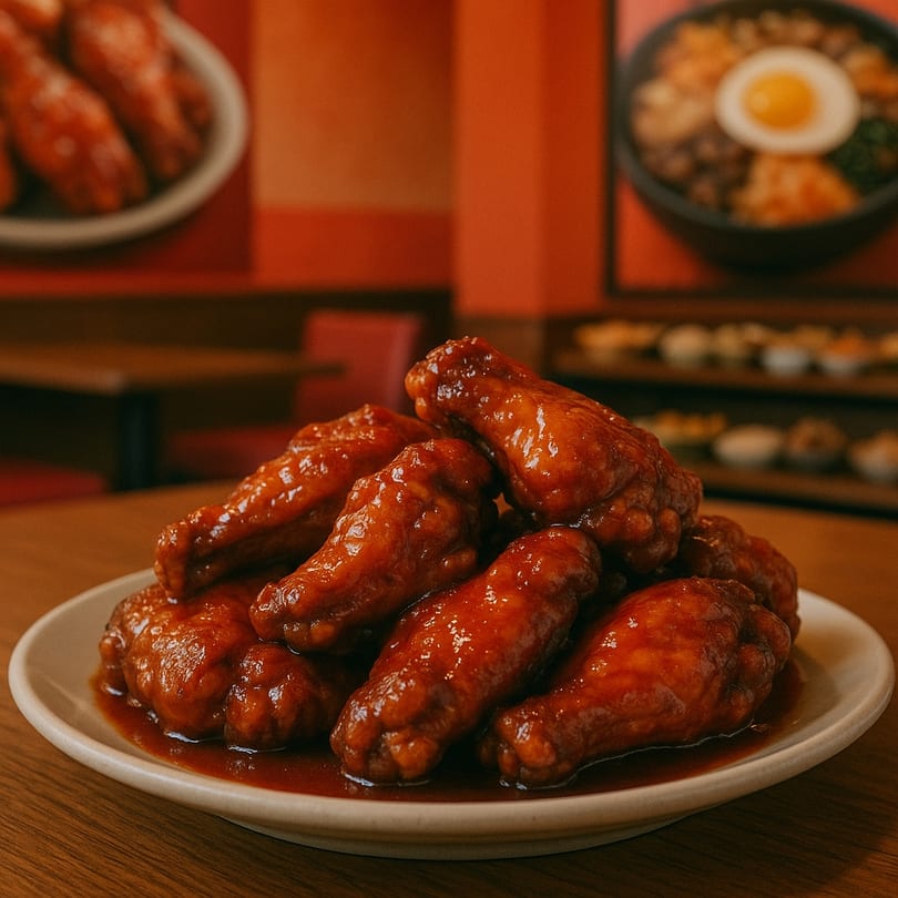 Plate of glistening, saucy chicken wings from HOT WINGS AND GRILL, with other dishes blurred in background.
