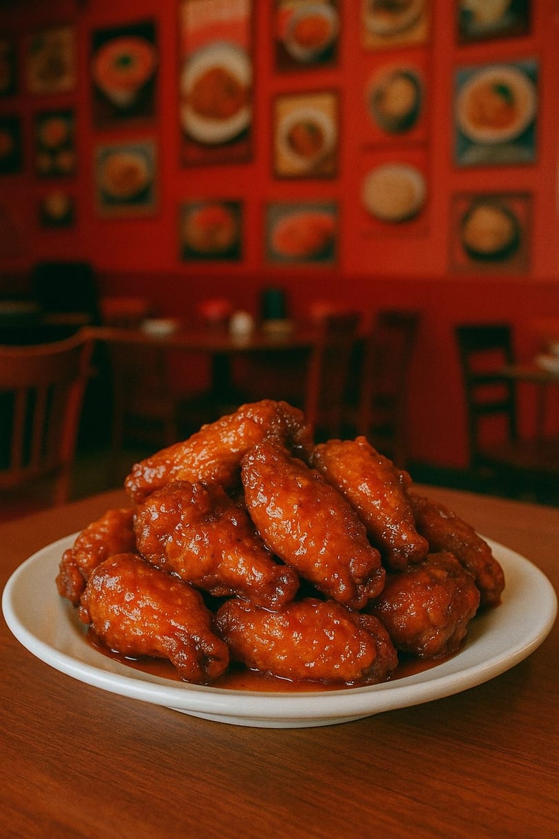 A plate of glistening, saucy Hot Wings and Grill wings on a wooden table with a red wall background.