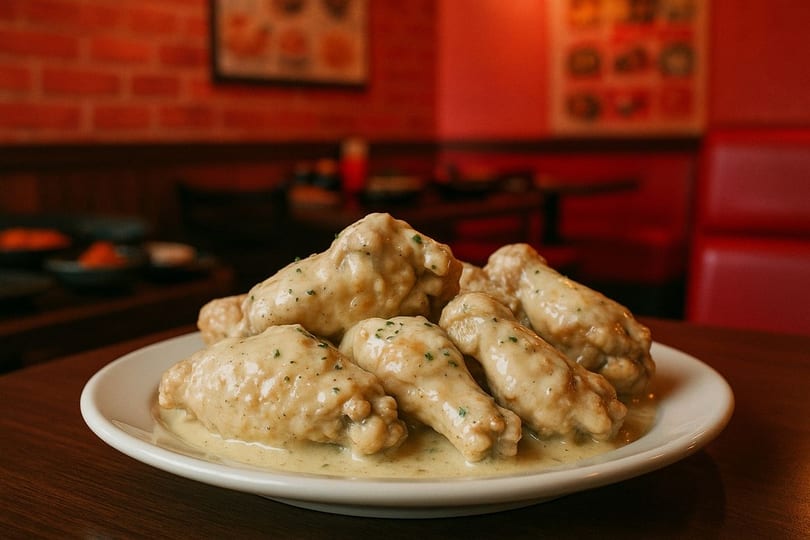 Plate of creamy garlic parmesan wings with parsley flakes on a wooden table in a restaurant.