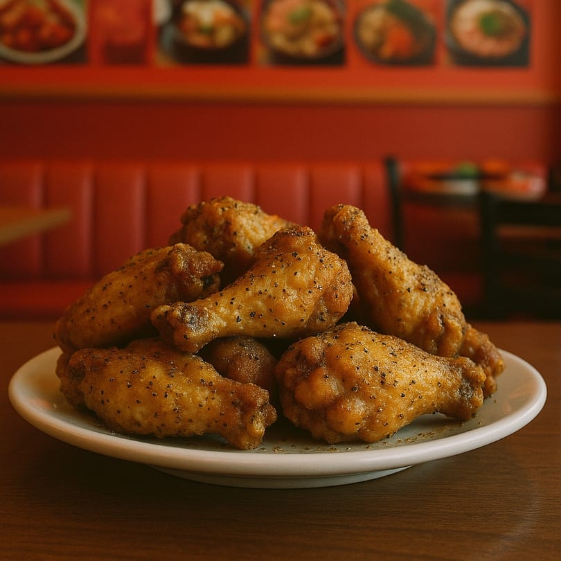 A plate of crispy, peppered chicken wings on a wooden table at HOT WINGS AND GRILL.